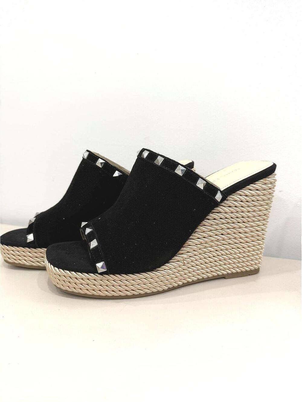Marc Fisher 8.5 Black Studded Wedge Sandals with Rope Platform
